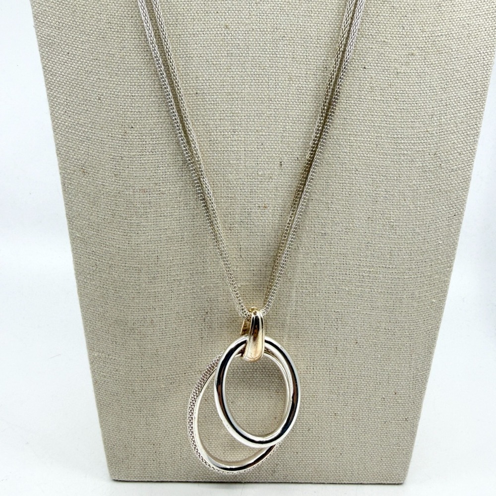 Dana Buchman Silver Tone Layered Textured Double Hoop Pendant Necklace Statement